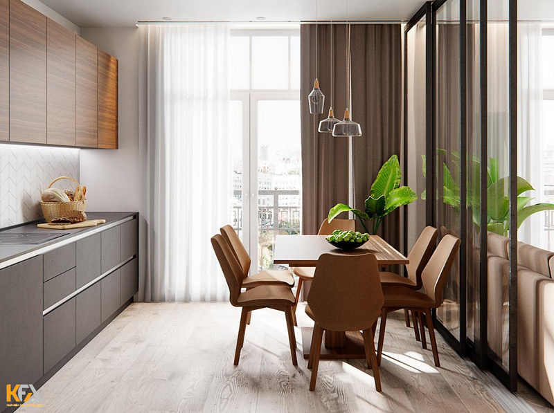 Không gian bếp được thiết kế đầy ấm cúng với bộ bàn ăn 6 ghế màu nâu trầm