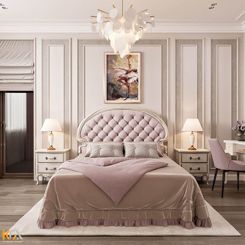 Phòng ngủ tân cổ điển sang trọng với gam màu hồng pastel