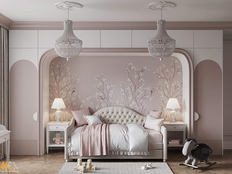 Phòng ngủ cho bé gái đẹp mê mẩn nhờ gam màu hồng và giấy dán tường đẹp mắt