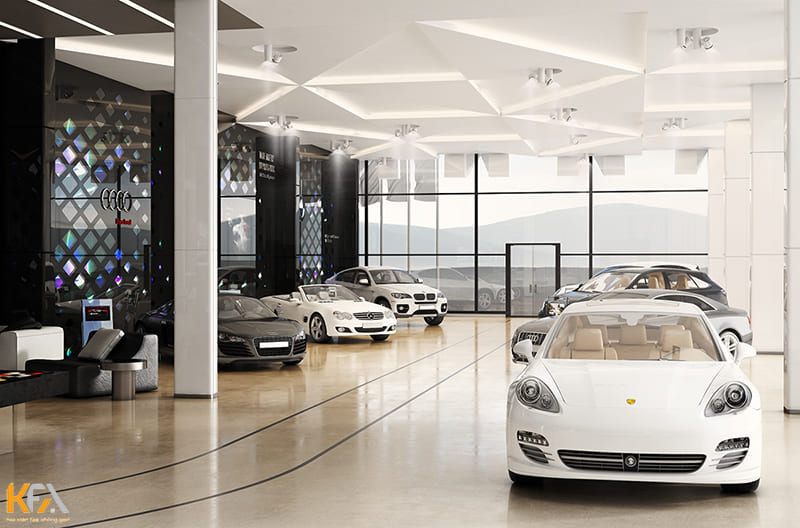 Thiết kế showroom ô tô nên ưu tiên sử dụng vật liệu kính