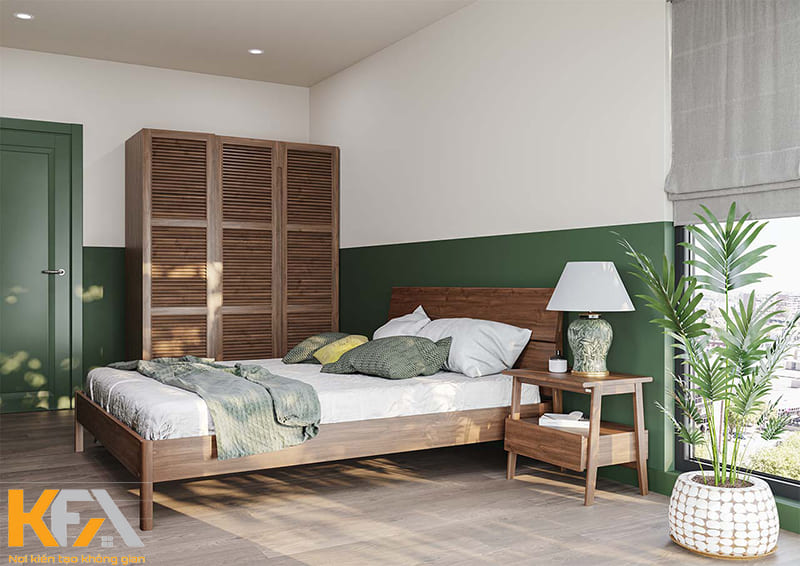 Gam màu xanh lá đặc trưng không thể thiếu trong phòng ngủ Indochine kết hợp Tropical