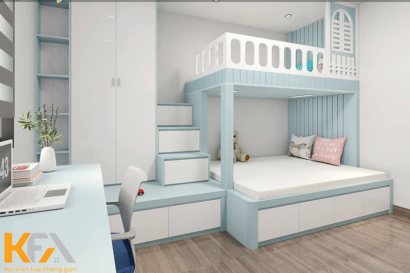 Phòng ngủ giường tầng gam màu xanh trắng nhẹ nhàng trẻ trung năng động