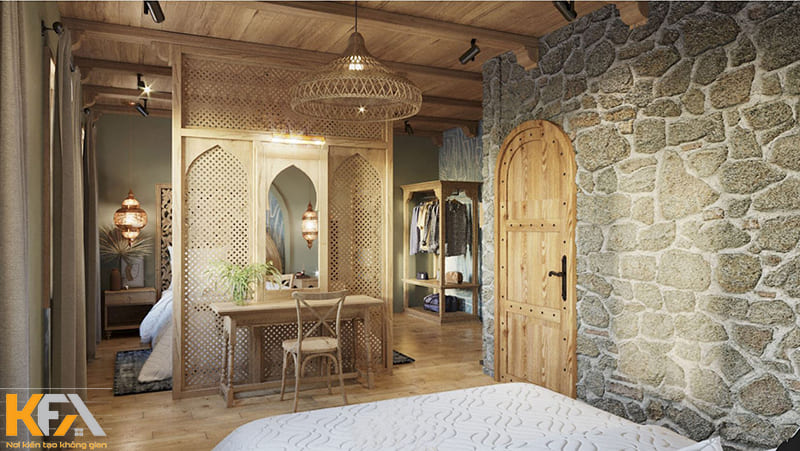 Tường phòng ngủ phong cách Địa Trung Hải bằng đá tạo cảm giác gần gũi với thiên nhiên
