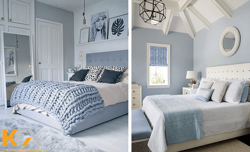 Phòng ngủ gam màu trắng xanh tạo cảm giác mát mẻ, giàu sức sống