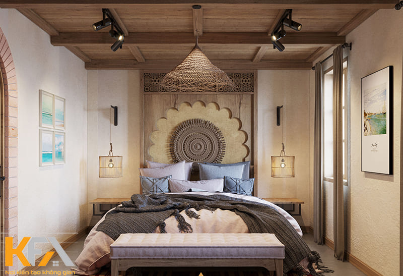 Thiết kế trần phòng ngủ phong cách Địa Trung Hải bằng gỗ