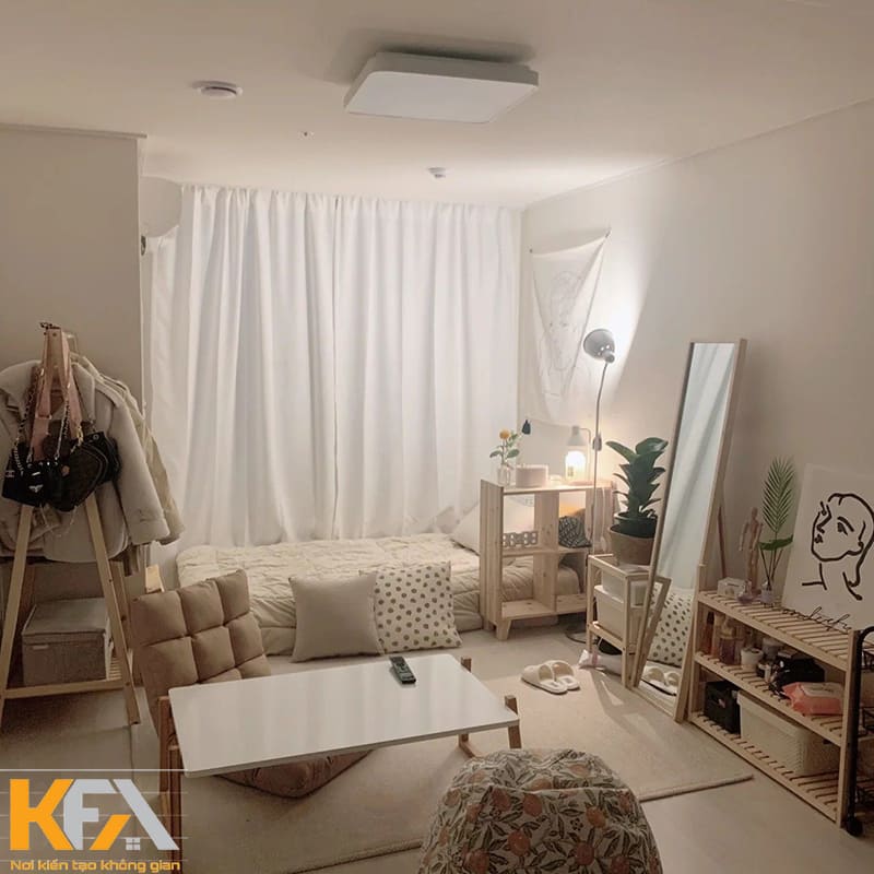 Decor phòng ngủ Hàn Quốc bằng những chiếc kệ treo quần áo và giá để đồ