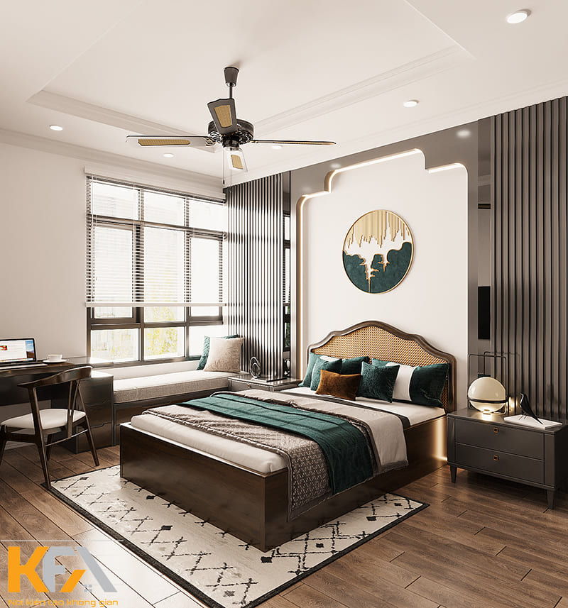 Với diện tích tương đối rộng, phòng ngủ master phong cách Indochine đảm bảo được công năng và thẩm mỹ