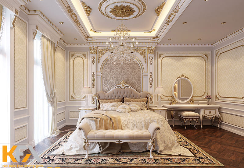 Phòng ngủ cổ điển châu Âu với gam màu trắng tinh tế
