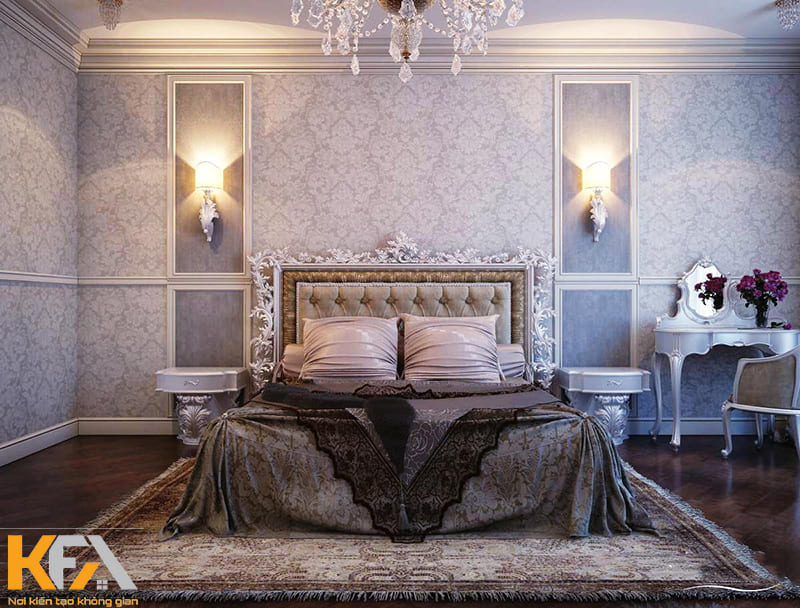 Tính đối xứng - cân bằng được thể hiện rõ nét bên trong không gian phòng ngủ châu Âu cổ điển
