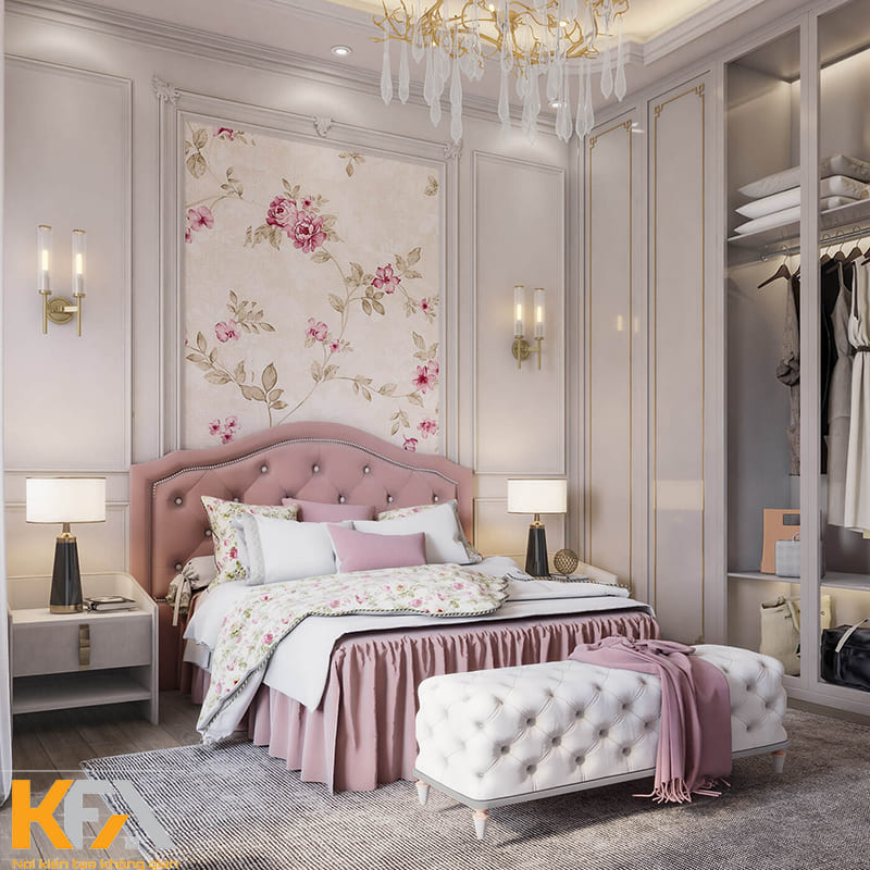 Mẫu phòng ngủ tân cổ điển màu hồng nhẹ nhàng, lãng mạn
