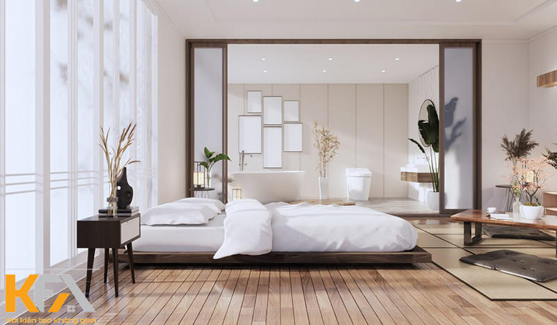 Phòng ngủ giường bệt kiểu Nhật gam màu trắng tinh khôi