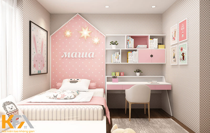 Mẫu phòng ngủ giường bệt màu hồng kết hợp bàn học cho bé gái