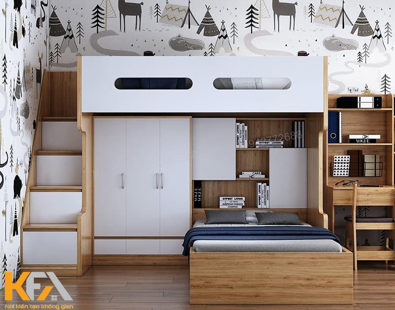 Phòng ngủ gỗ công nghiệp thông minh với thiết kế giường tầng hiện đại