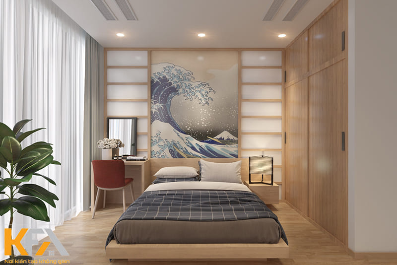 Phòng ngủ kiểu Nhật là một trong những thiết kế ưa chuộng gỗ công nghiệp sáng màu