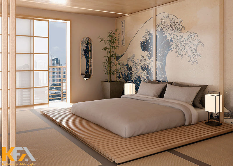 Phòng ngủ kiểu Nhật với giường bệt đơn giản, tinh tế