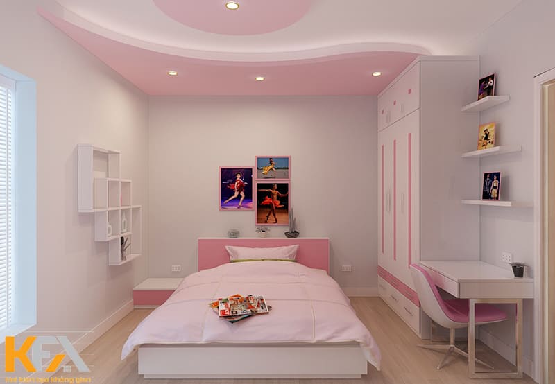 Phòng ngủ màu hồng 11m2 cho bé gái