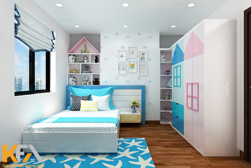 Phòng ngủ bé gái gam màu xanh - hồng tươi sáng