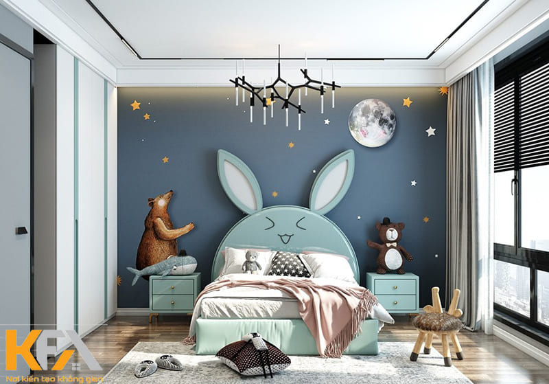 Phòng ngủ xanh dương dành cho bé gái với những hình ảnh ngộ nghĩnh, đáng yêu