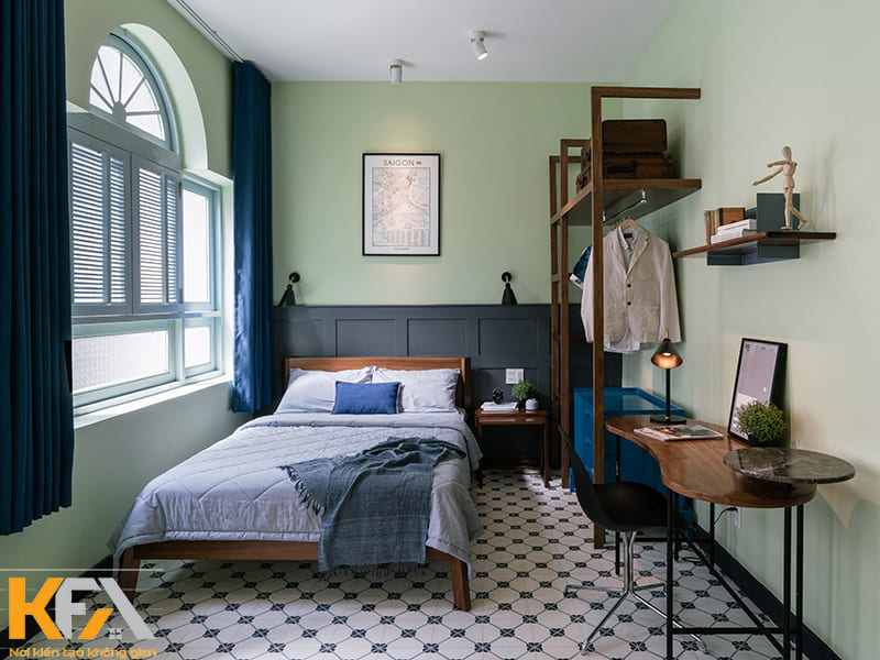 Trang trí phòng ngủ Indochine màu xanh đơn giản