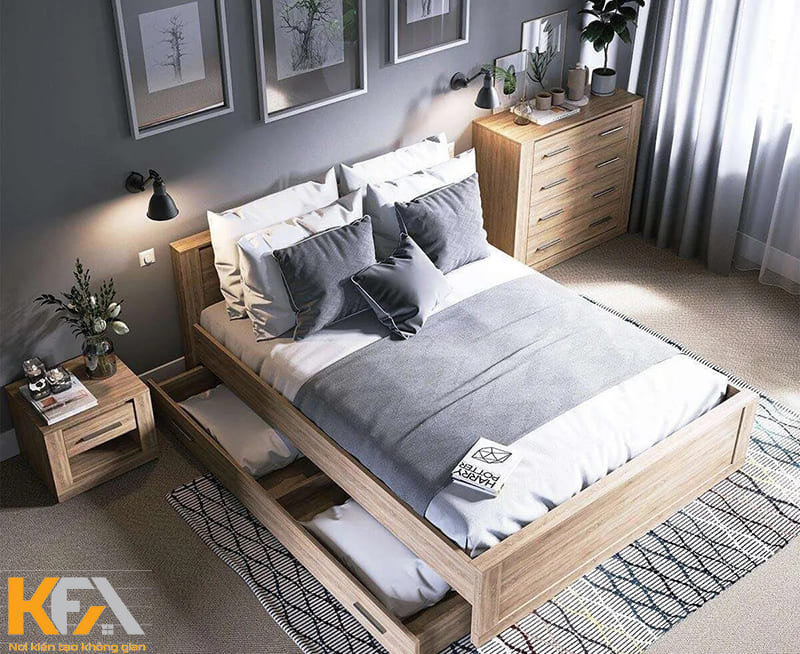 Phòng ngủ cho nam màu xám với nội thất thông minh