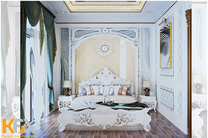 Phòng ngủ tân cổ điển với gam màu xanh nhẹ nhàng