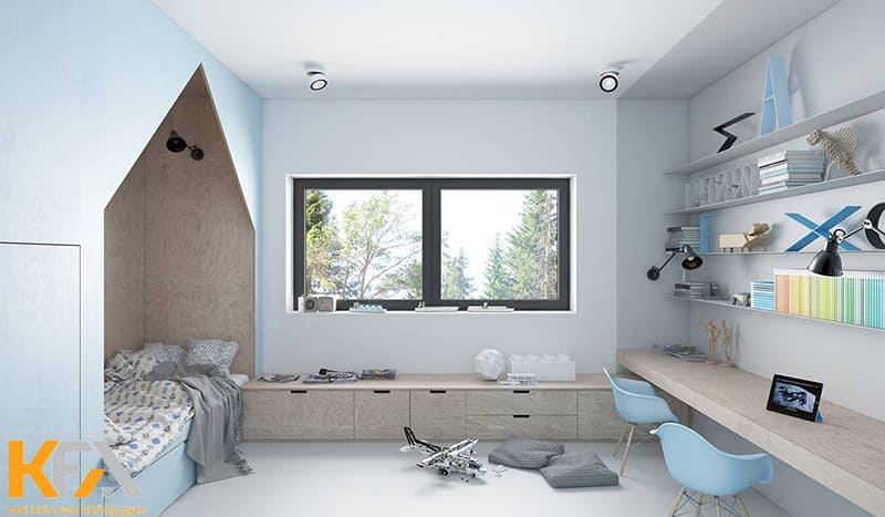 Phòng ngủ màu xanh cho bé với nội thất gỗ công nghiệp