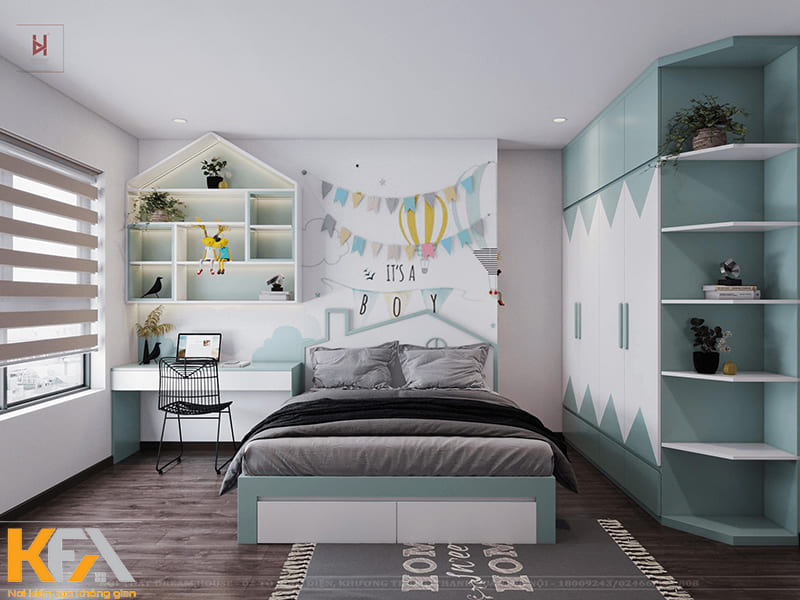 Phòng ngủ màu xanh phù hợp với phòng ngủ của cả bé trai và bé gái