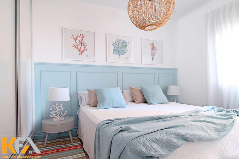 Thiết kế phòng ngủ Đại Trung Hải đơn giản với gam màu xanh - trắng