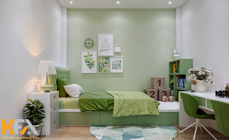 Phòng ngủ màu xanh cốm đầy đủ tiện nghi
