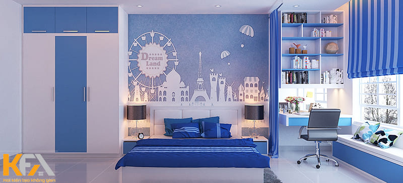 Phòng ngủ màu xanh dương đậm kết hợp màu trắng