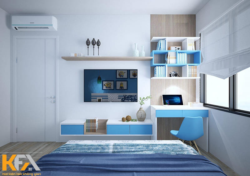 Thiết kế phòng ngủ nhỏ màu xanh dương đậm với gỗ công nghiệp