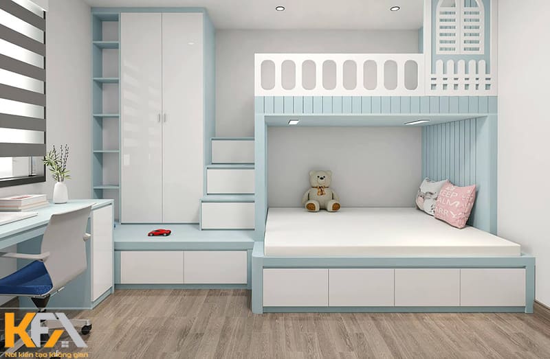 Mẫu phòng ngủ màu xanh dương nhạt kết hợp màu trắng cho bé