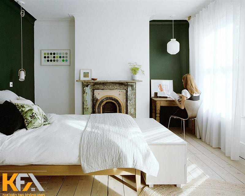 Phòng ngủ kết hợp gam màu xanh trắng
