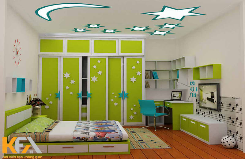 Phòng ngủ màu xanh lá mạ cho các bé