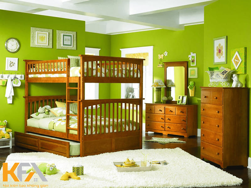 Mẫu phòng ngủ màu xanh lá mạ với nội thất gỗ