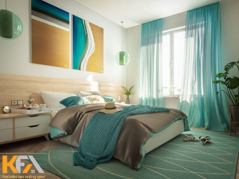Cộng hưởng với ánh sáng tự nhiên, phòng ngủ màu xanh ngọc trở nên sinh động