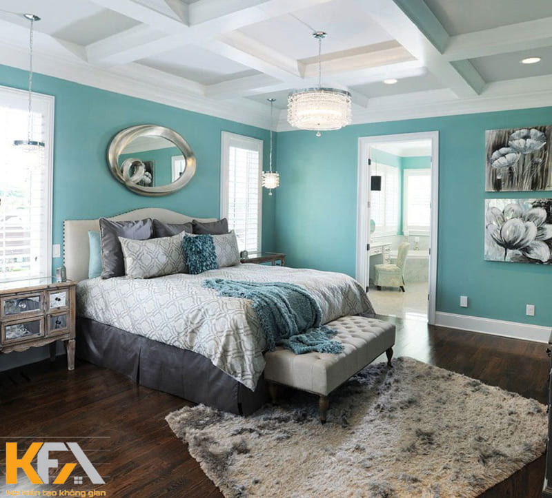 Mẫu phòng ngủ màu xanh ngọc phong cách tân cổ điển
