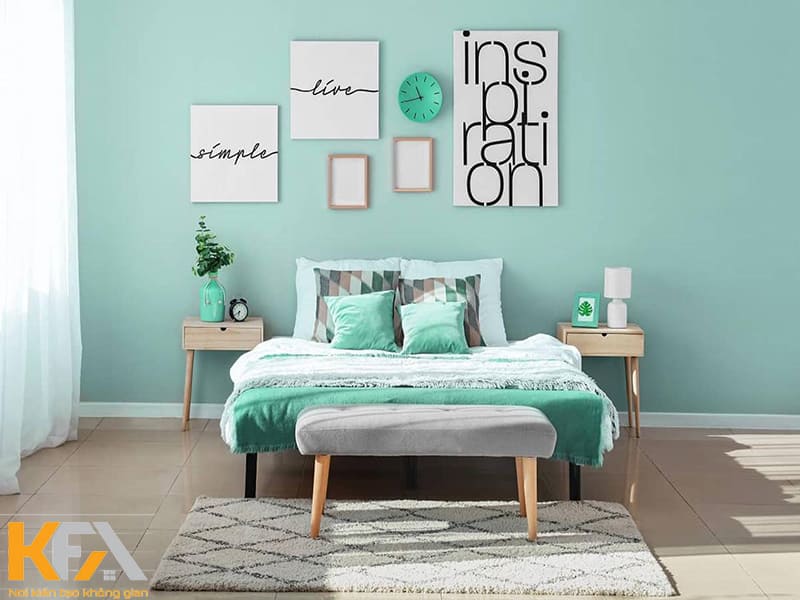 Phòng ngủ màu xanh ngọc mang lại cảm giác nhẹ nhàng êm ái