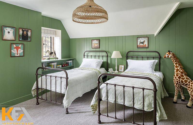 Phòng ngủ xanh Olive kết hợp màu trắng cho các bé