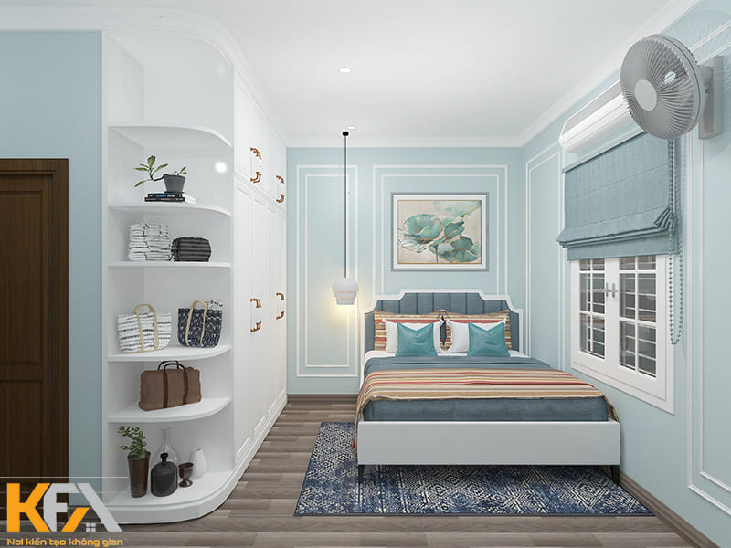 Màu xanh pastel giúp phòng ngủ nhỏ thông thoáng, nhẹ nhàng hơn