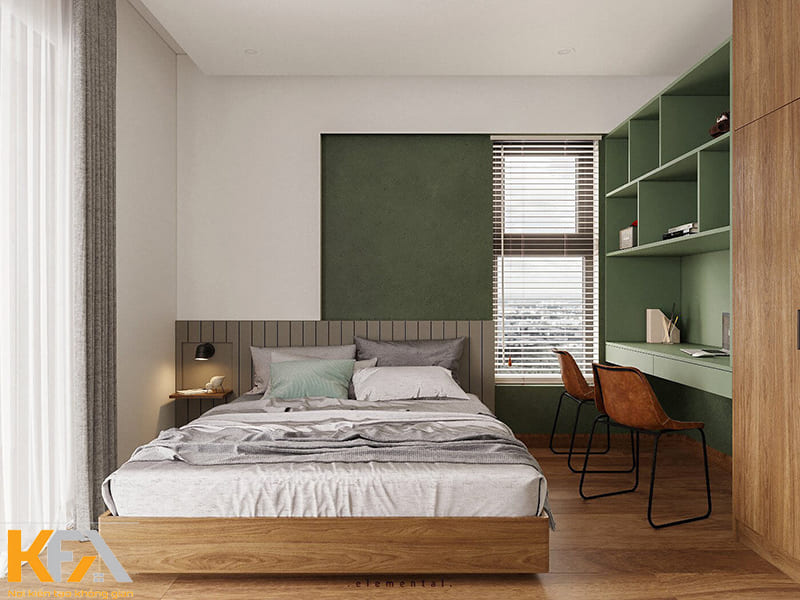 Thiết kế phòng ngủ hiện đại, đơn giản với gam màu xanh rêu