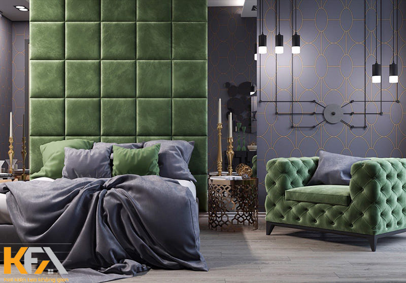 Phòng ngủ màu xanh rêu phong cách tân cổ điển