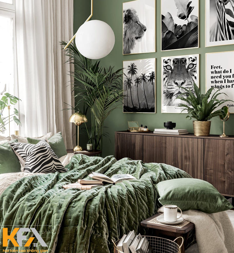 Ánh sáng tự nhiên là yếu tố quan trọng giúp phòng ngủ màu xanh rêu không bị quá trầm