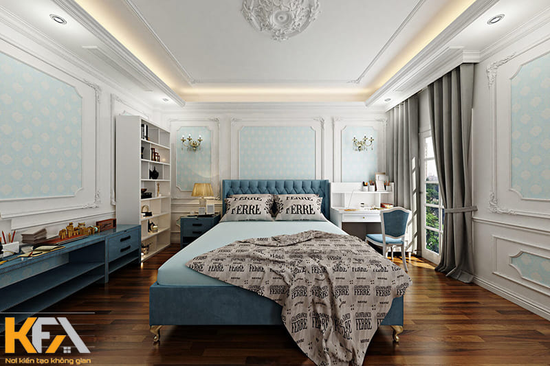 Phòng ngủ tân cổ điển với sự kết hợp của nhiều mức độ xanh
