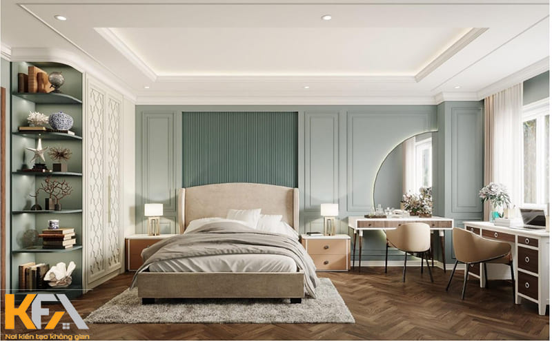 Phòng ngủ tân cổ điển với sắc xanh nhẹ nhàng nhưng đầy tinh tế