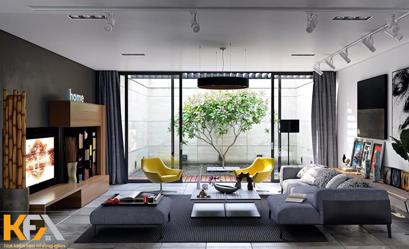 Phòng khách 40m2 phong cách hiện đại ưu tiên đường nét đơn giản, tinh tế