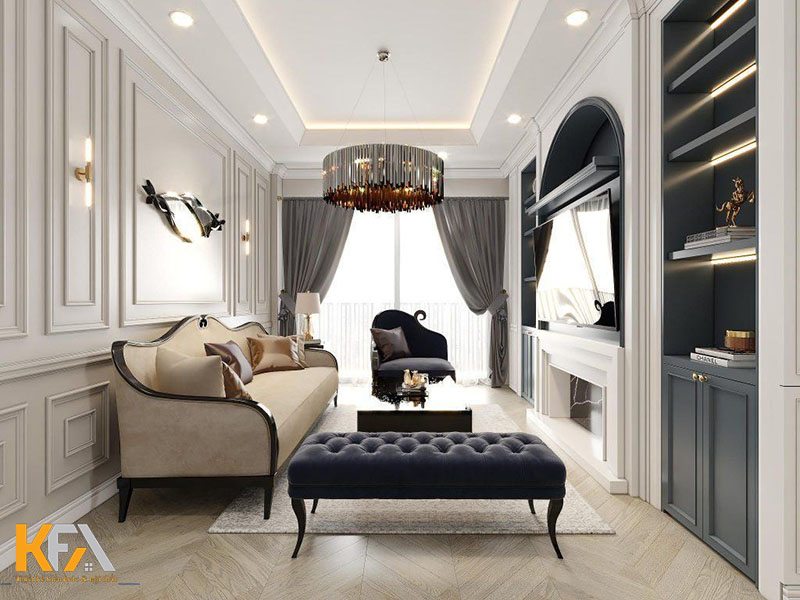 Mẫu phòng khách 15m2 thiết kế nội thất tân cổ điển sang trọng