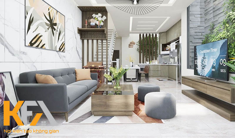 Thiết kế phòng khách nhà ống cá tính với bộ ghế sofa tone màu nổi bật