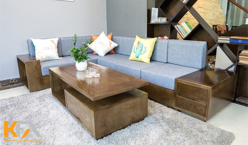 Mẫu ghế sofa góc chất liệu gỗ kết hợp nỉ hiện đại, tối giản