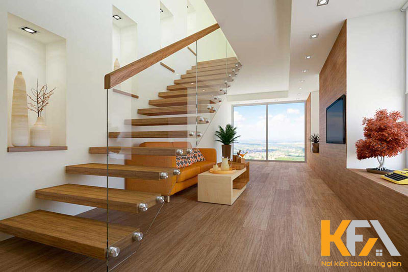 Mẫu cầu thang phòng khách chữ L hiện đại, nổi bật với chất liệu kính và gỗ kết hợp